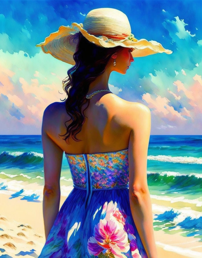 Woman in floral dress and wide-brimmed hat by vibrant blue sea under sunny sky