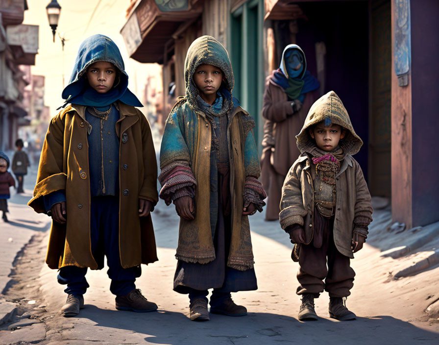 Children in oversized coats on narrow sunlit street