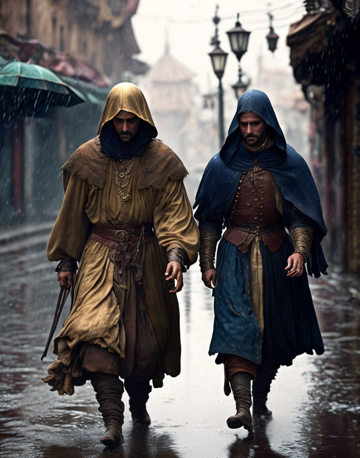 Historical cloaks and tunics on two figures walking on wet cobblestone street