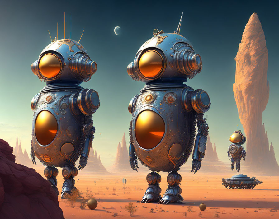 Three spherical-bodied robots in desert landscape under crescent moon