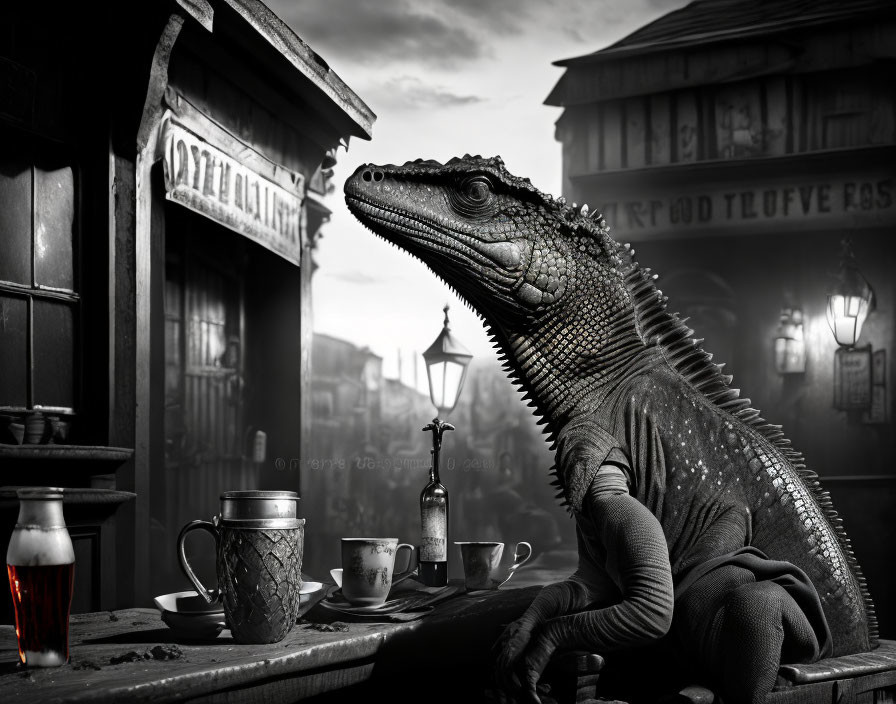 Anthropomorphic iguana in western saloon with beer mug and vintage dinnerware