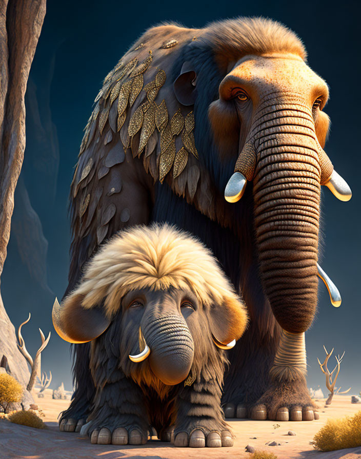 Detailed digital artwork of mythical elephant and mammoth creatures in desert.