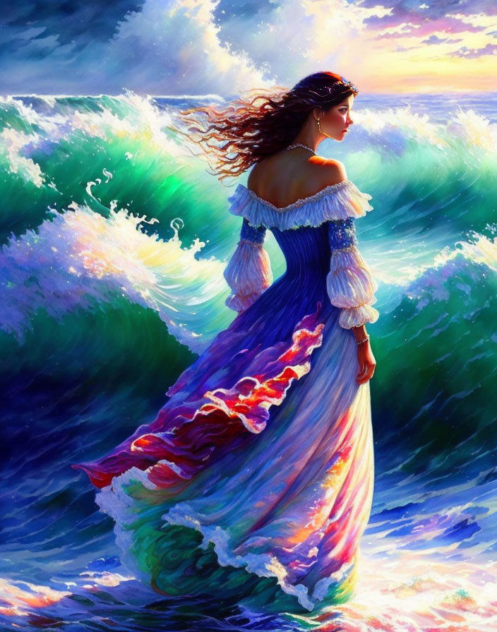 Victorian woman in colorful dress by vibrant seascape at sunset