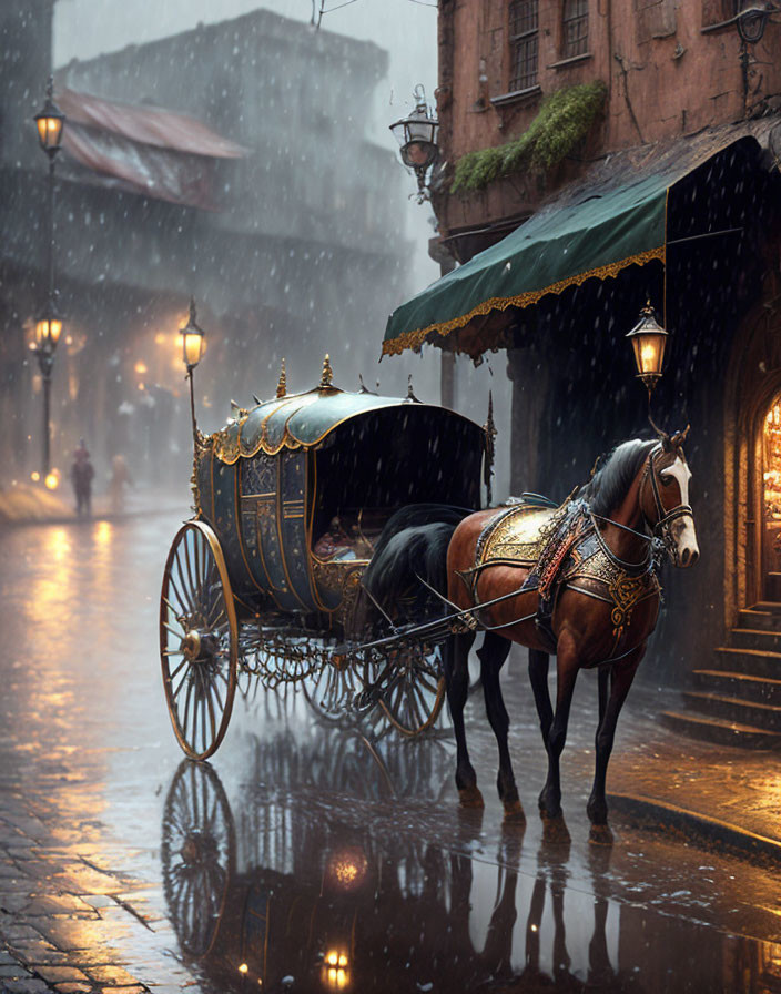 Rainy cobblestone street with horse-drawn carriage under warm streetlights