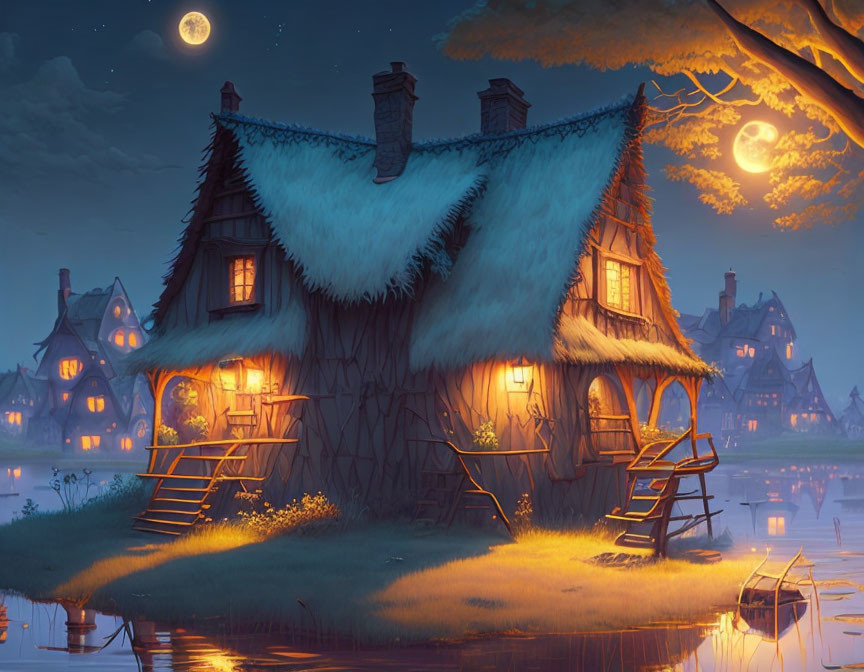 Moonlit Thatched-Roof Cottages by Serene Lake at Twilight