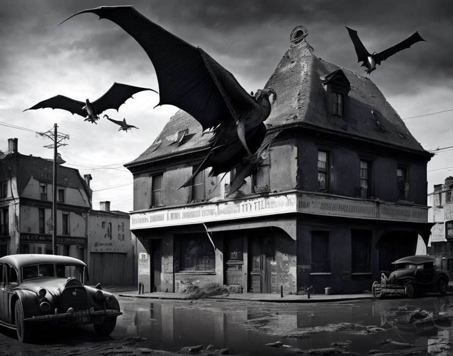 Monochromatic eerie scene: Giant bats, old house, vintage cars, reflective puddles