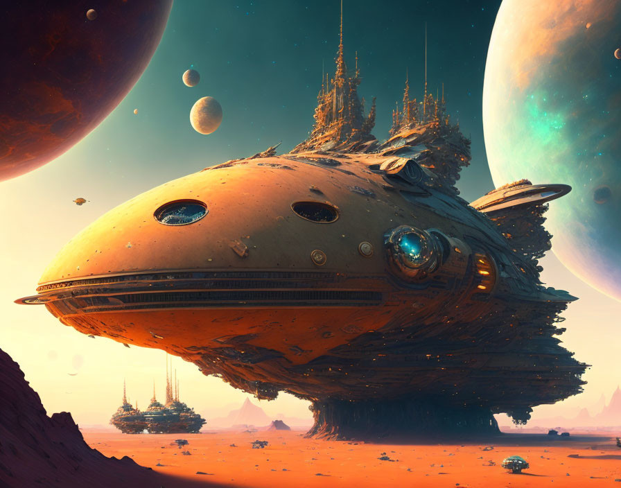 Futuristic desert planet with massive spaceship-like structures under orange sky