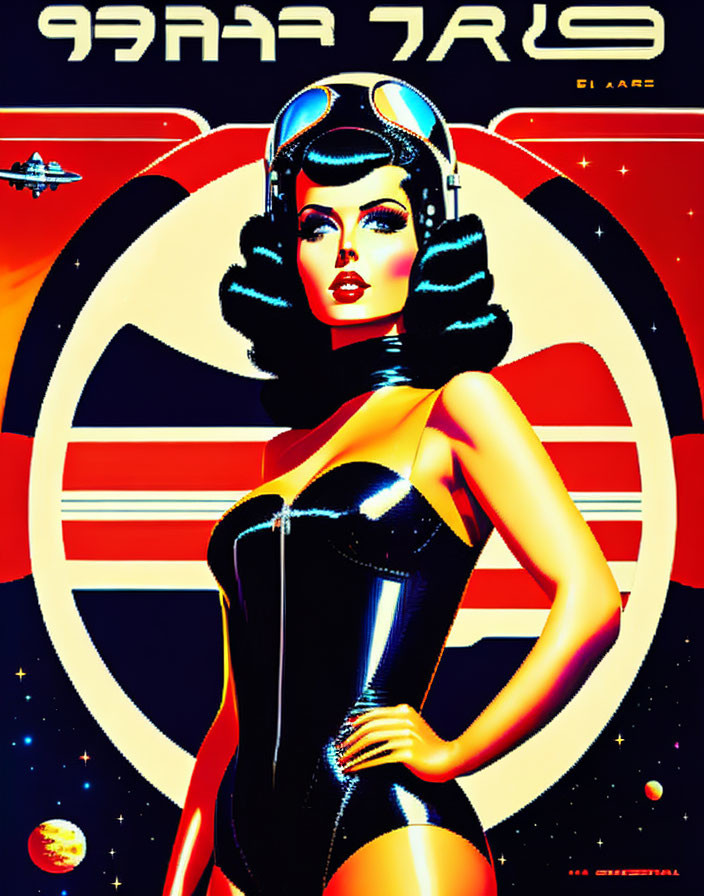 Retro-futuristic poster featuring woman in space helmet and tight suit.