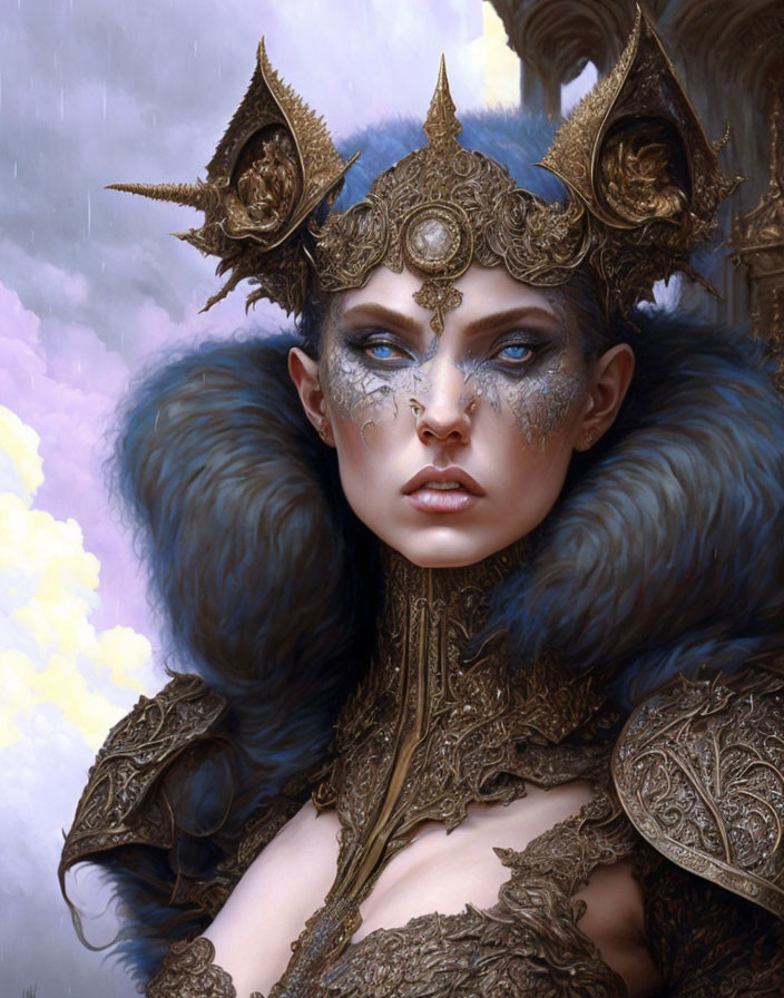 Fantastical female character with golden headgear, blue skin, and ornate armor