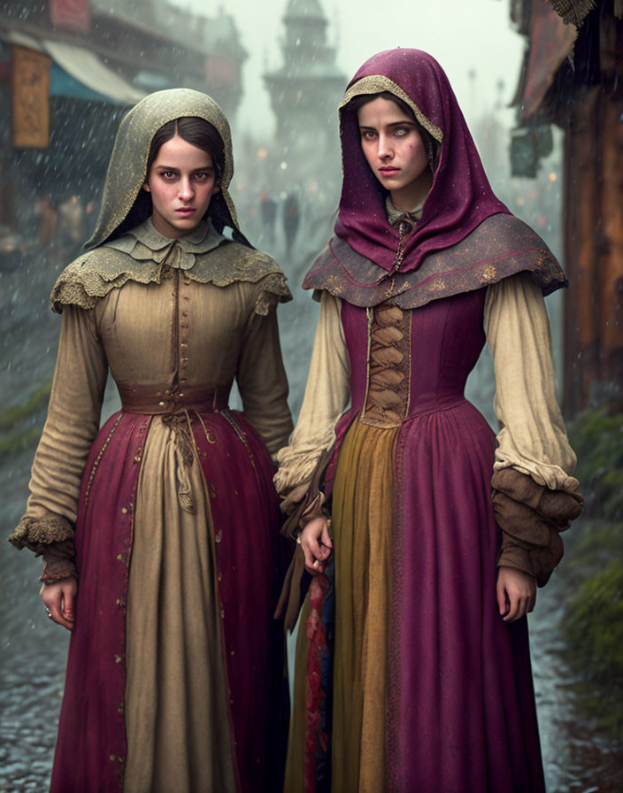 Two women in historical costumes with capes and hoods on misty cobblestoned street.