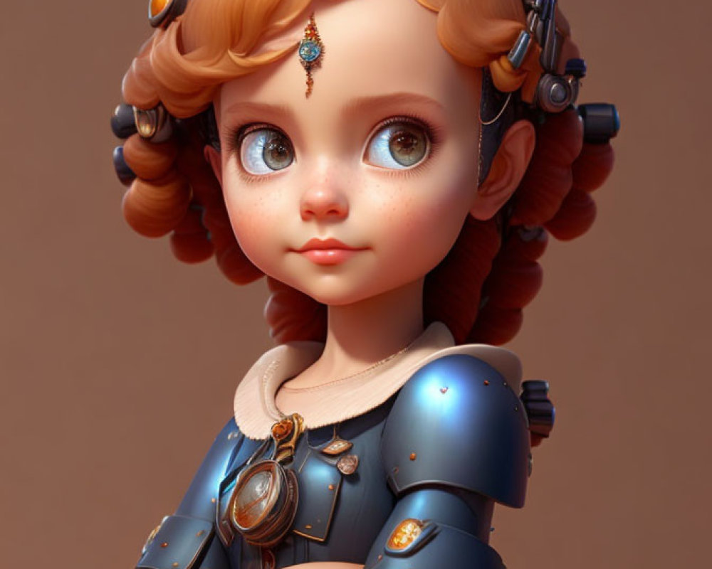 Stylized digital artwork of young girl with steampunk armor