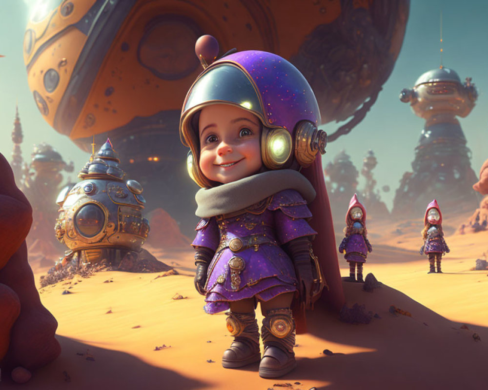 Child Astronaut in Purple Space Suit on Alien Planet with Robots and Figures