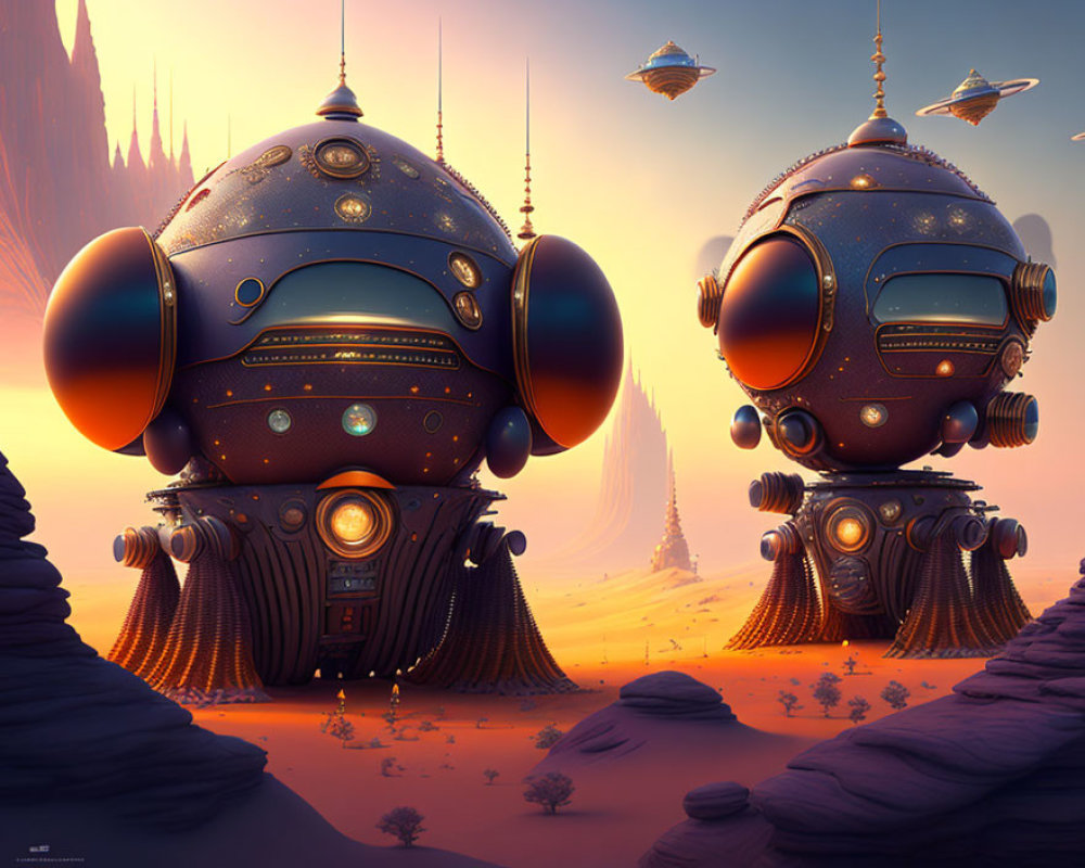 Spherical robots with large eyes on alien landscape and hovering ships