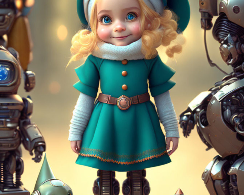 Stylized young girl with robots in turquoise uniform on warm, bokeh-lit background