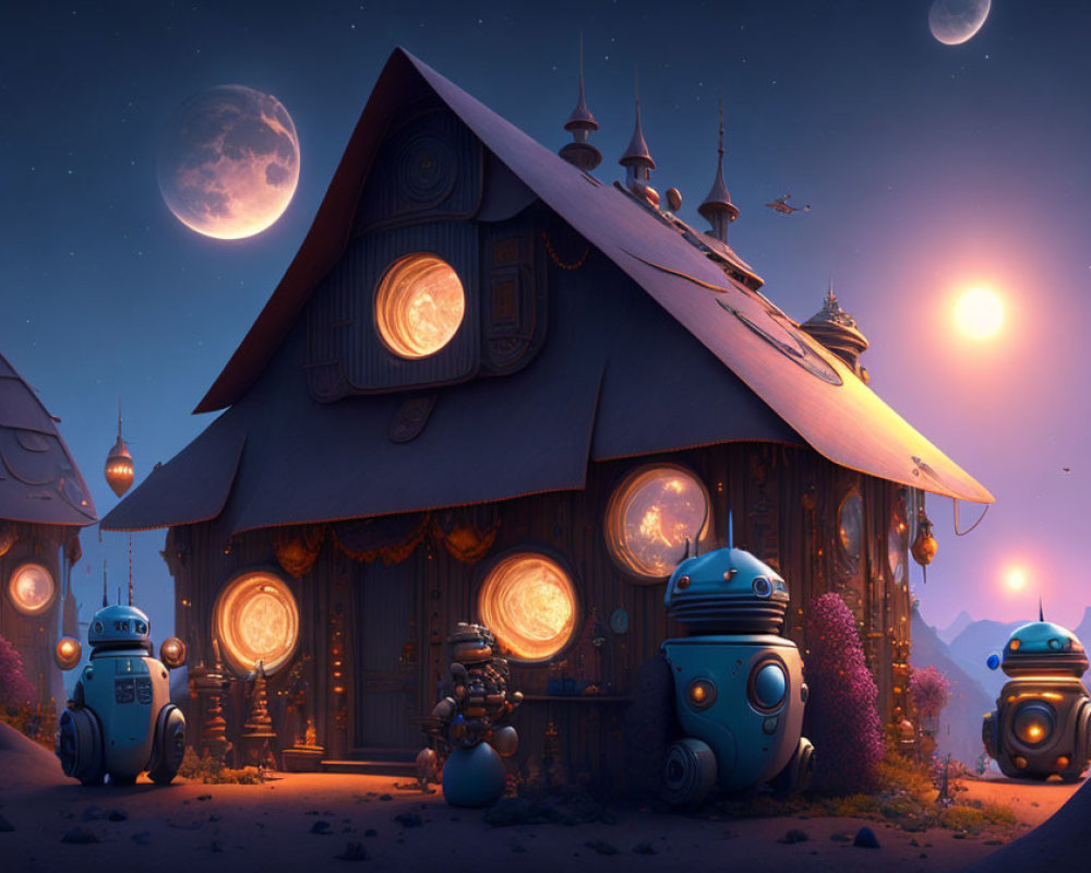 Whimsical house with glowing windows, friendly robots, moon, and planet