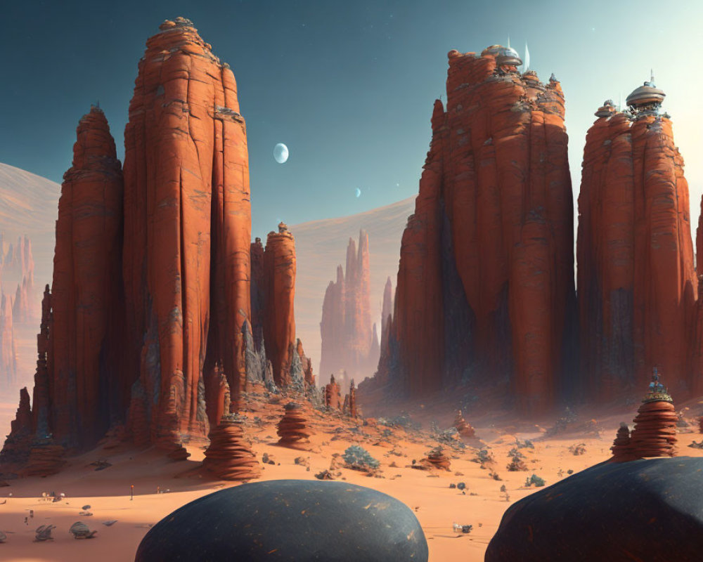 Martian-like desert landscape with red rock formations and futuristic structures.