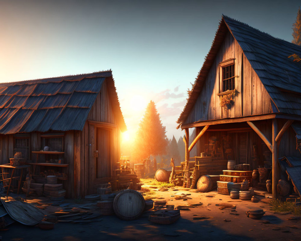 Rustic village sunrise: wooden houses, barrels, pottery in golden light