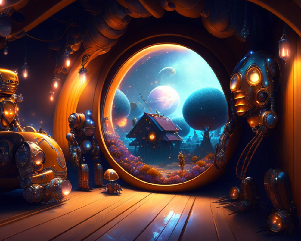 Robots in cozy room gaze at fantastical space scene