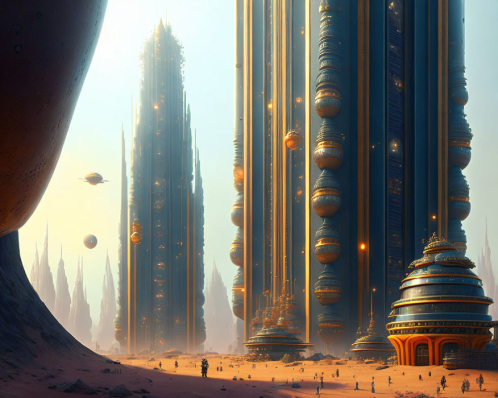 Futuristic cityscape with towering skyscrapers and flying orbs in a desert setting