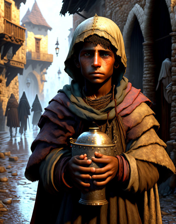 Medieval boy in hooded cloak with metallic container in digital painting