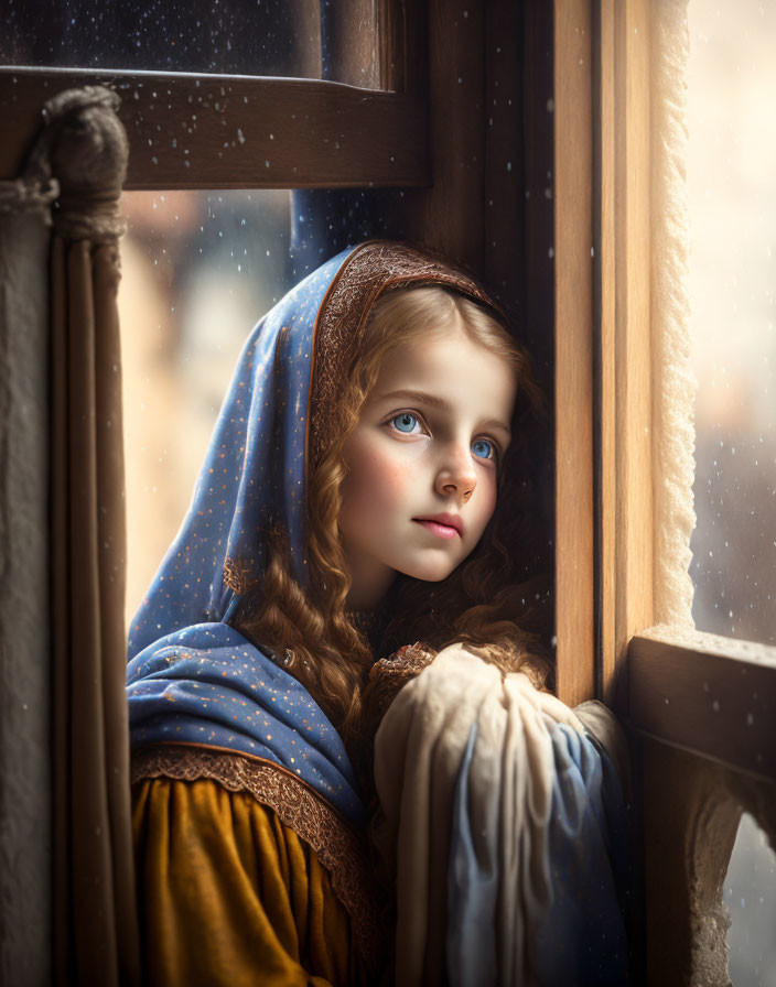 Young girl in blue headscarf gazes out window at falling snowflakes