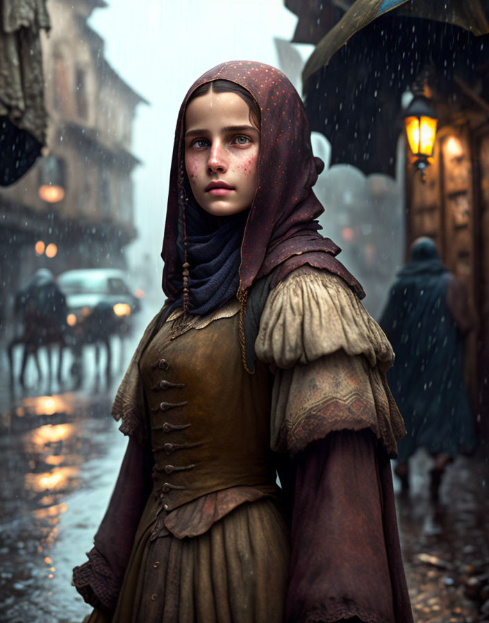 Young woman in historical clothing standing in rain on cobblestone street with bystanders and carriage in background