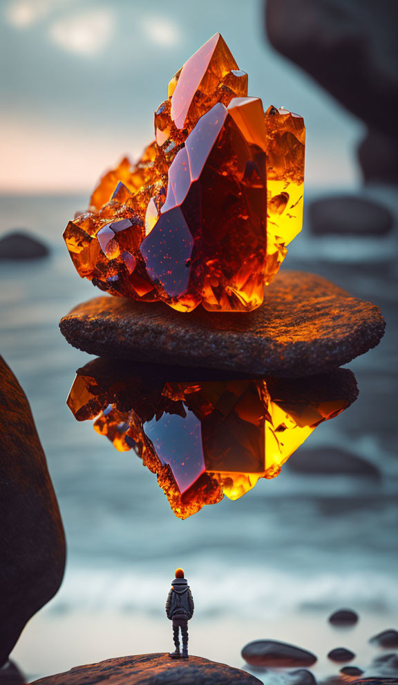 Person standing before large glowing orange crystal formation at sunset