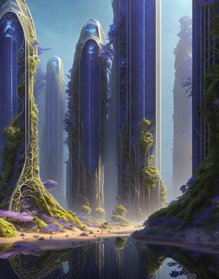 Mystical forest with towering organic structures