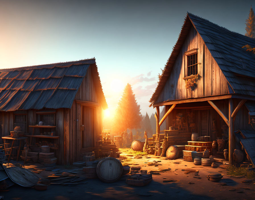 Rustic village sunrise: wooden houses, barrels, pottery in golden light