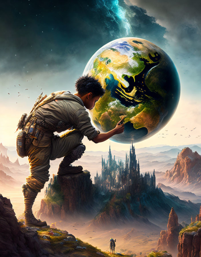 Floating oversized Earth-like globe above fantastical landscape with castle and dramatic sky