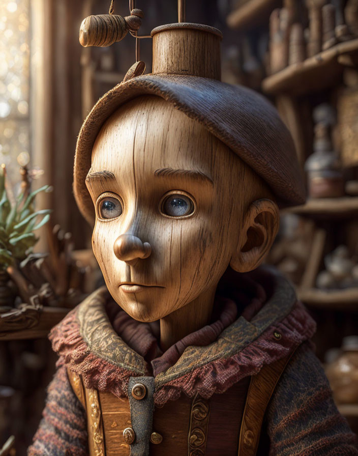 Detailed 3D Pinocchio render with lifelike blue eyes and wooden texture, wearing brown