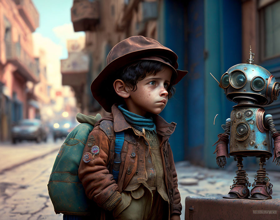 Young boy with hat and backpack standing with small robot on dusty street