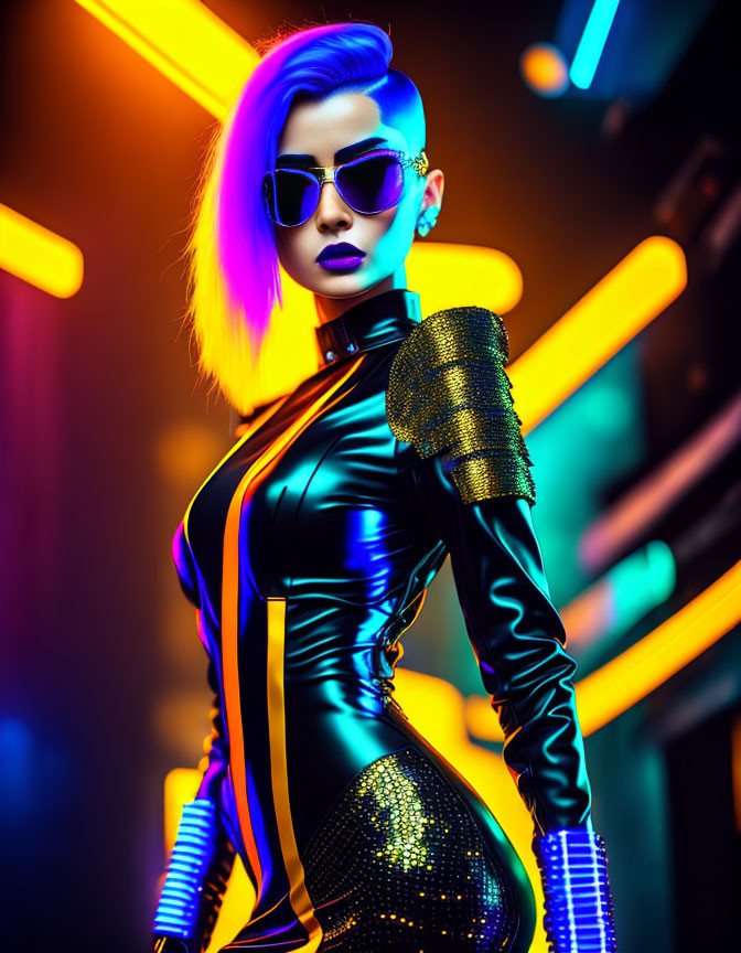 Confident woman with neon-dyed hair in bold outfit under neon lights