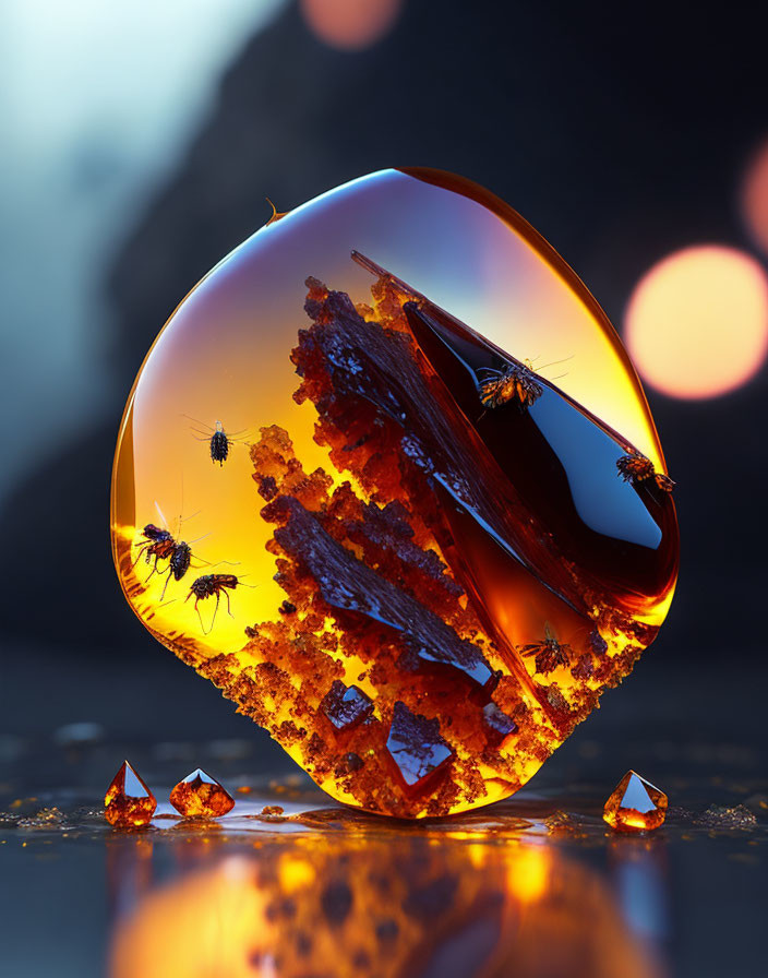 Amber stone with inclusions and flies on warm bokeh background