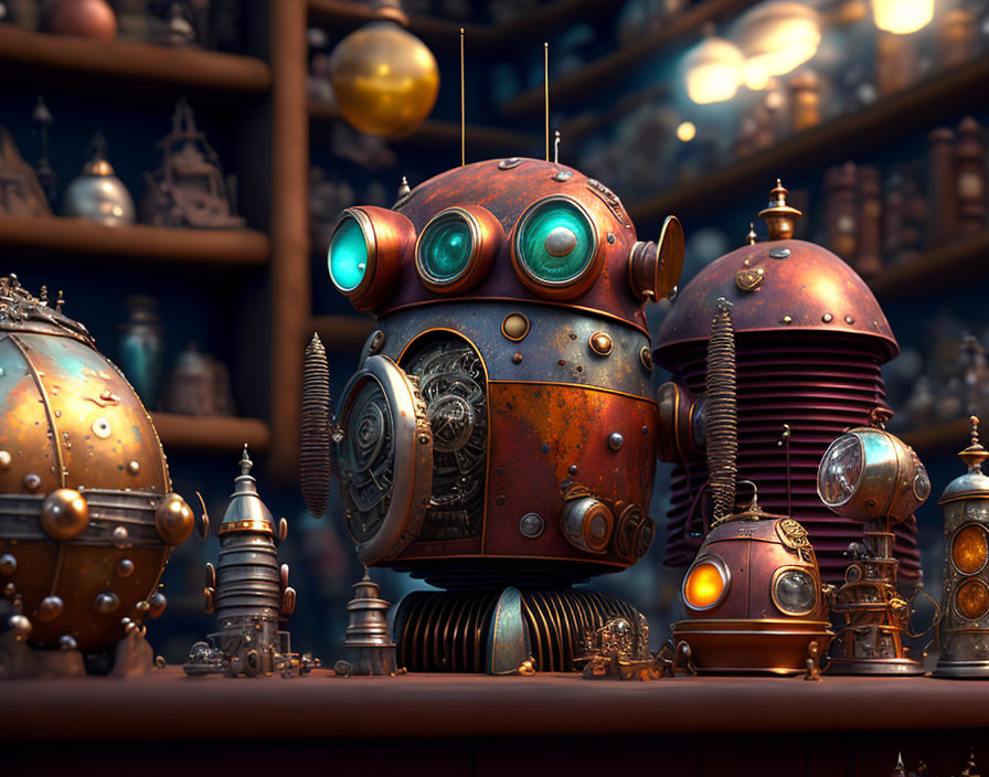 Intricate Steampunk Robot with Gears and Copper Finish on Wooden Shelves