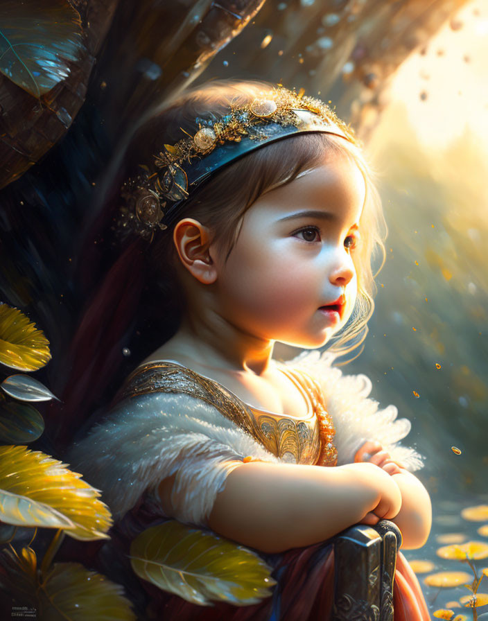 Young Child in Golden Crown and Ornate Dress in Ethereal Forest Setting