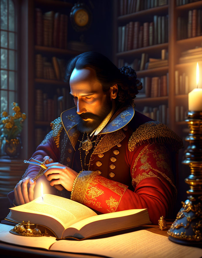 Man in historical clothing writing with quill pen by candlelight in book-filled room