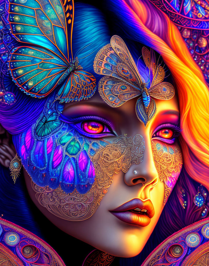 Colorful digital artwork of a woman with butterfly masks and motifs