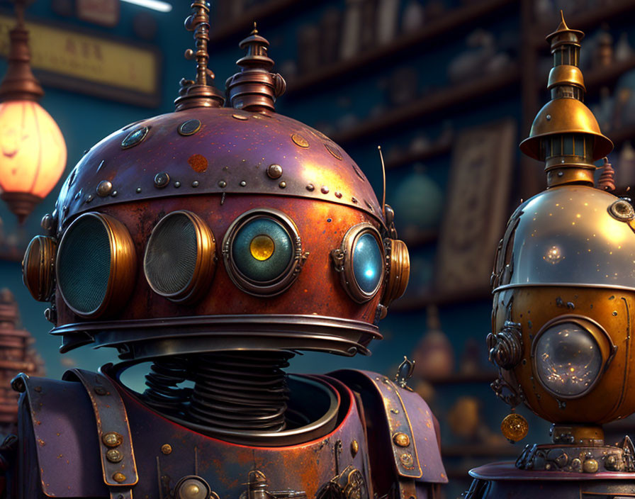 Vintage-Style Robots with Spherical Heads in Warm Ambient Lighting