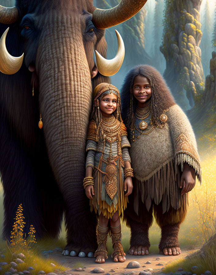 Fantasy-themed illustration: armored and fur-clad characters with mammoth in magical forest