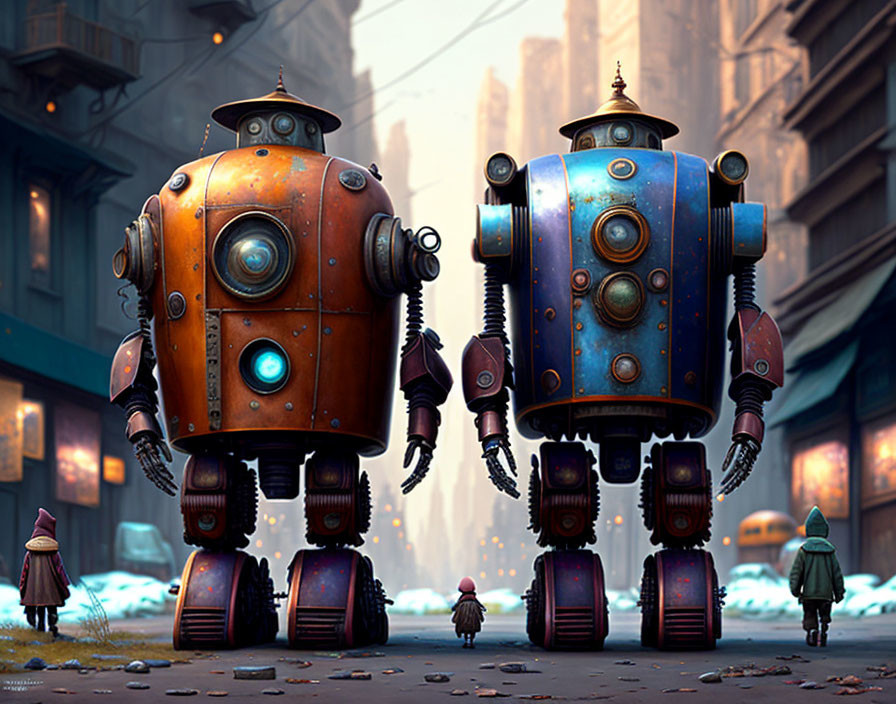 Steampunk-style robots in deserted city street with cloaked figures