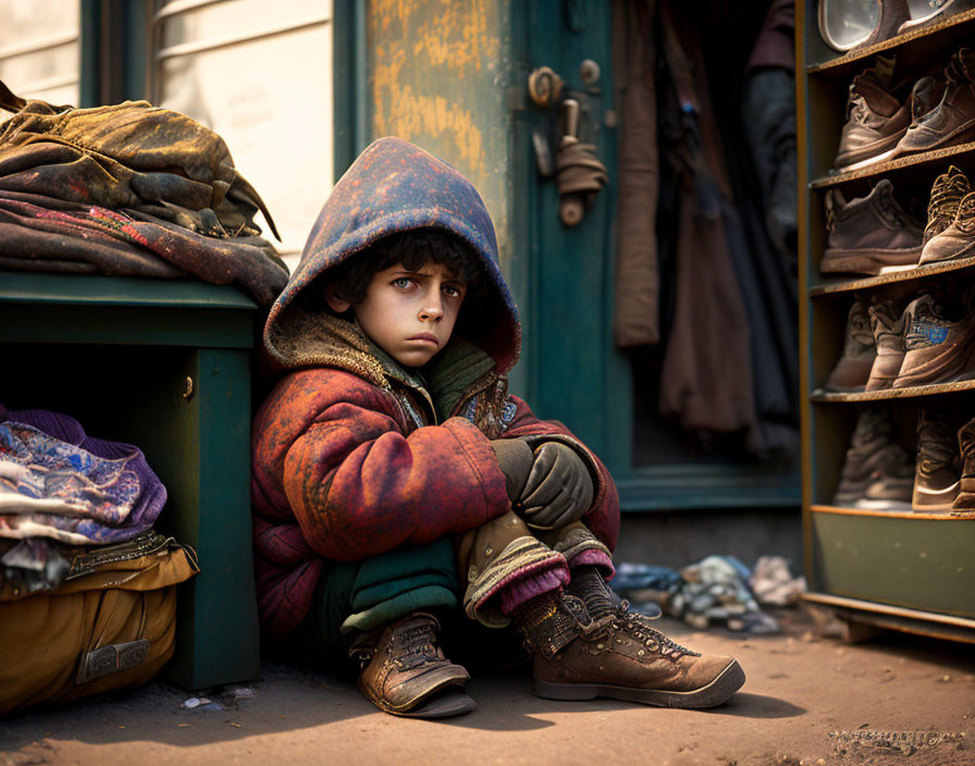 Child in hooded coat surrounded by shoes and clothing items