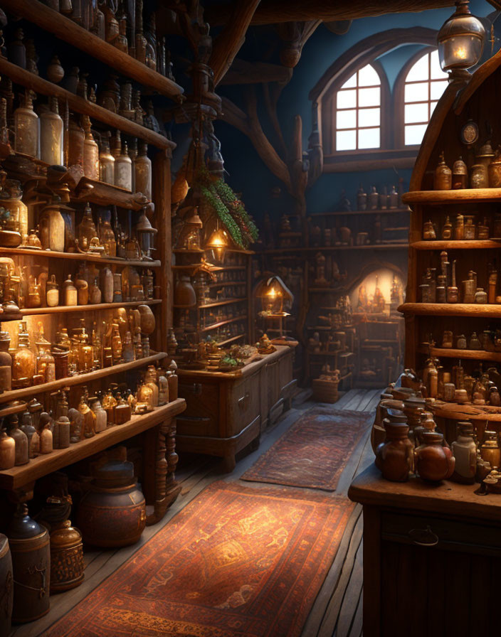 Apothecary Shop Interior with Wooden Shelves and Ambient Lighting