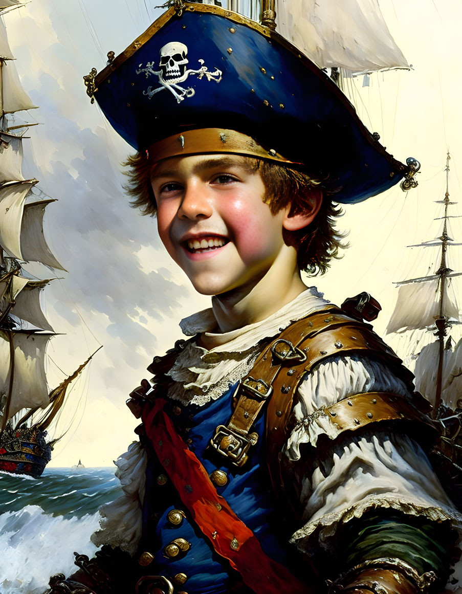 Child in Pirate Costume with Tall Ships Backdrop