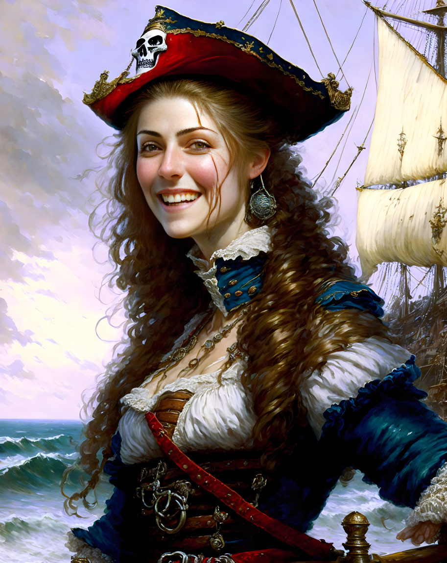 Smiling female pirate with red skull-adorned hat by ship at sea