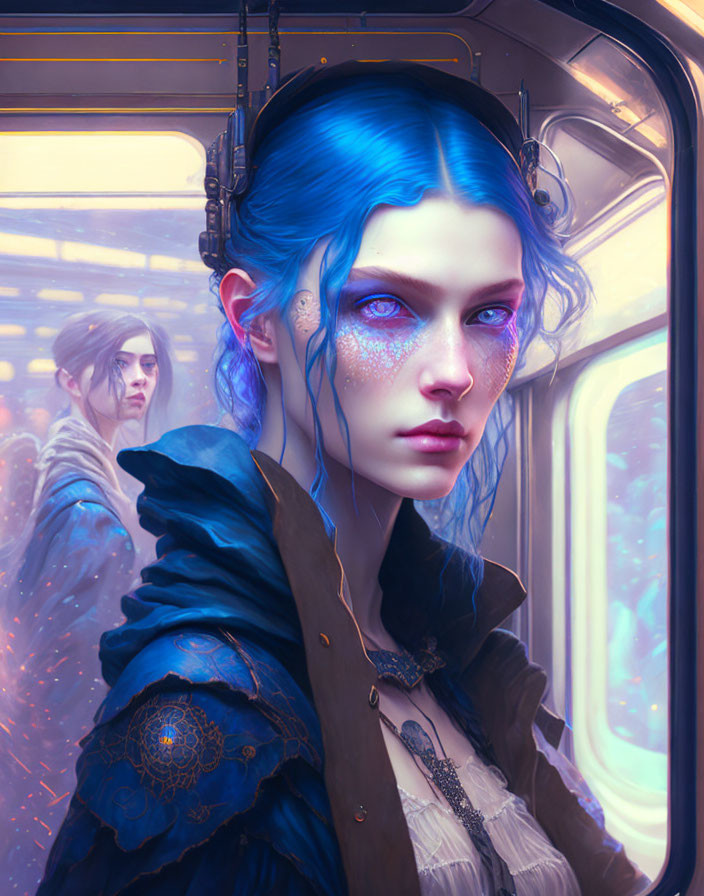 Fantasy digital art: Blue-haired figure in train scene