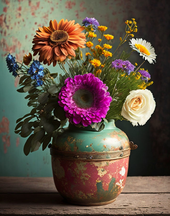 Colorful Flower Bouquet in Antique Vase on Textured Background