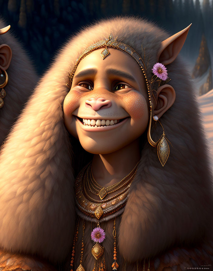 Smiling animated character with headpiece, earrings, and necklace in wintry forest