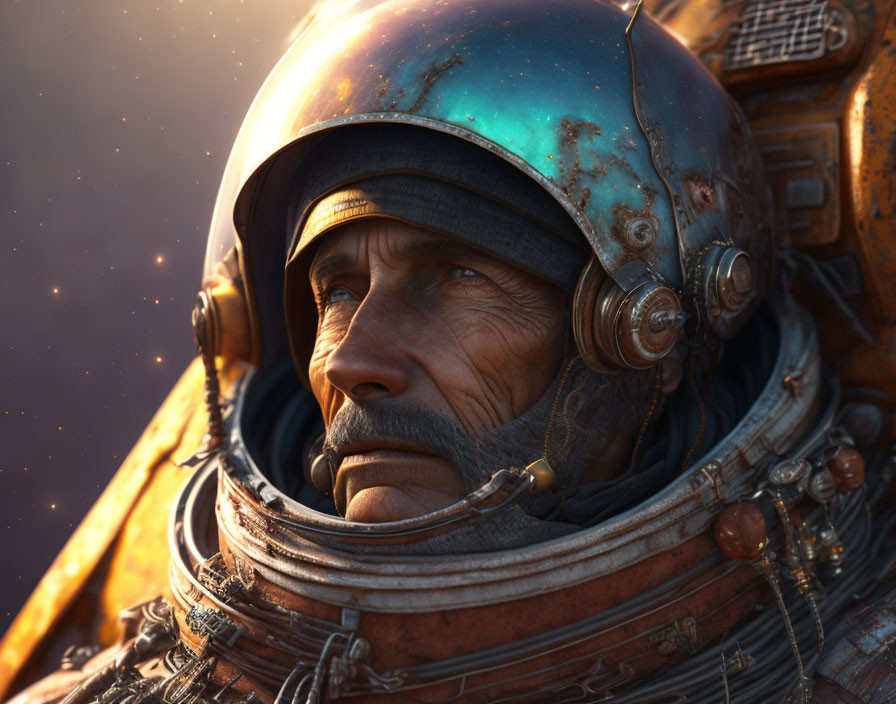 Weathered astronaut in vintage spacesuit with reflective helmet