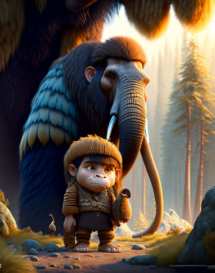 Enchanting forest scene with childlike creature and mammoth